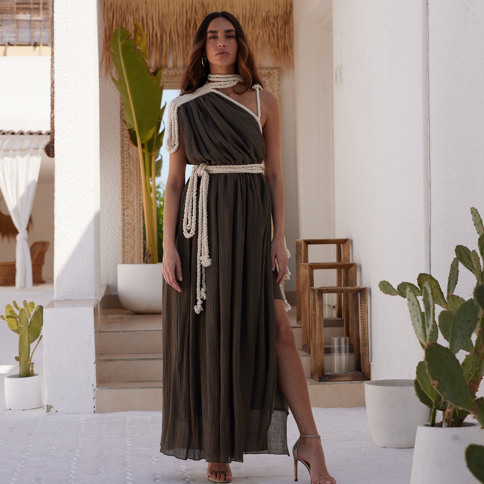 khaki boho dress Joyfolie Women's Gwenaelle Maxi Dress in Khaki, Extra Extra Small